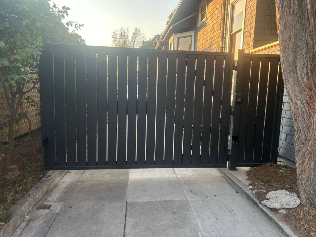 Modern slat gate with keypad installation Los Angeles